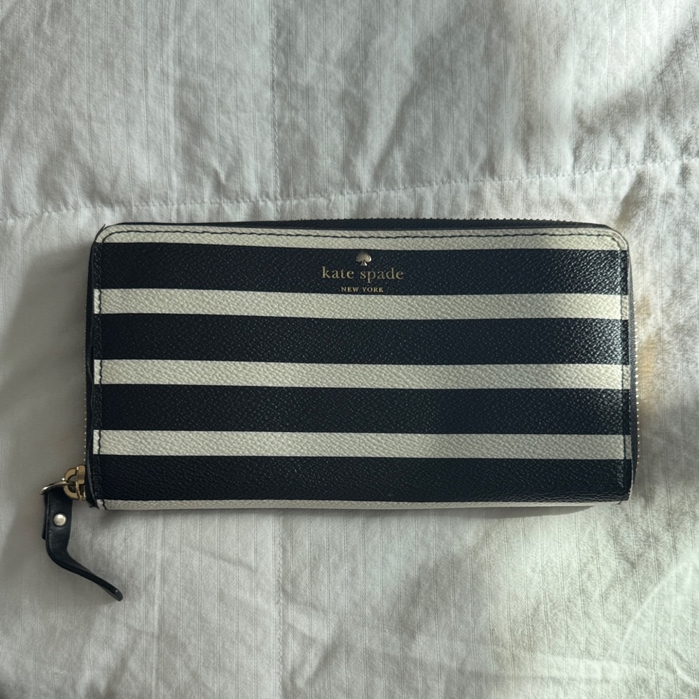 Kate Spade Black and White Striped Zip Wallet
